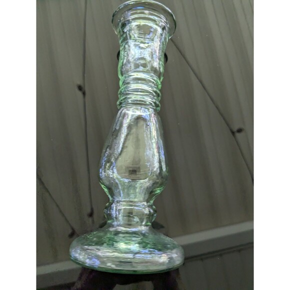 Antique Look Glass Candlestick/Bud Vase Green Tinted Thick 8" Farmhouse Cottage - Picture 12 of 12